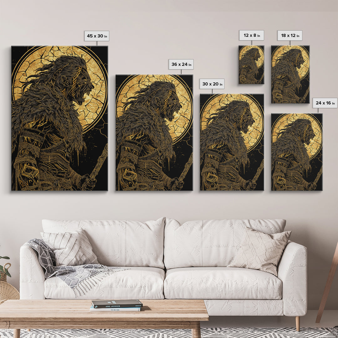 Fierce Viking Berserker Canvas Gold Art Canvas Art | Norse Mythology Warrior Wall Art Dad Gift | Mounted with Real Wood Frame