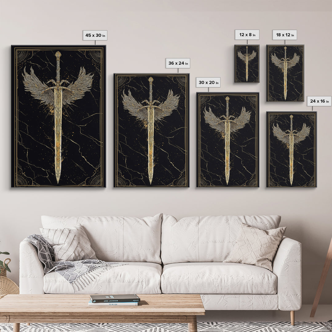 Winged Blade Canvas Gold Art Canvas Art | Norse Mythology Sword Wall Art Pagan Decor Dad Gift | Natural Wood Frame for Office