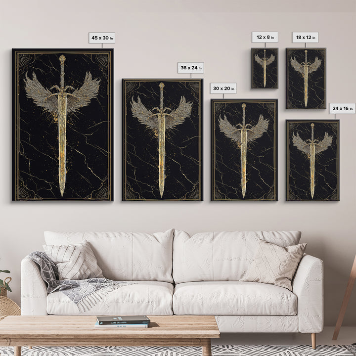 Winged Blade Canvas Gold Art Canvas Art | Norse Mythology Sword Wall Art Pagan Decor Dad Gift | Natural Wood Frame for Office