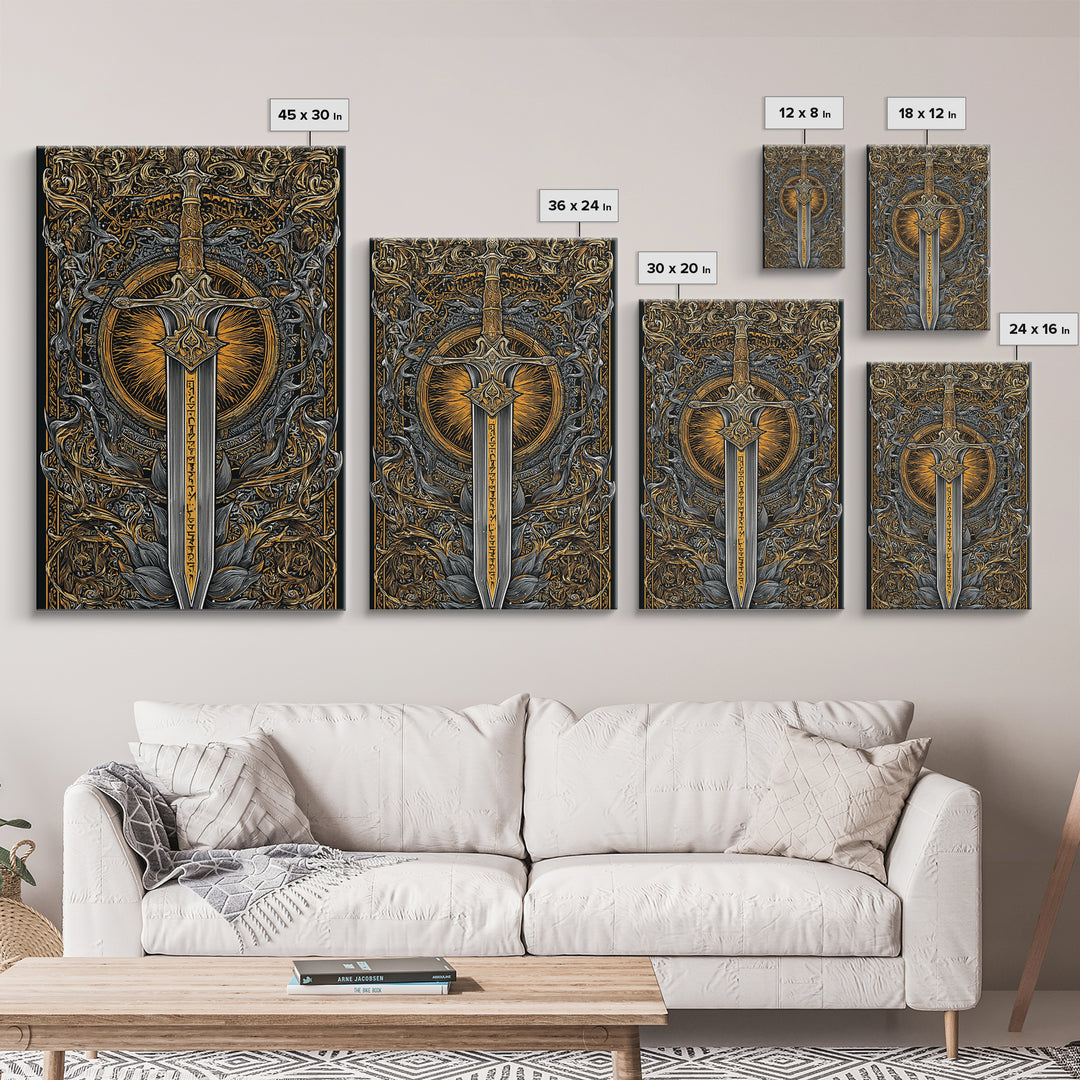 Sword of Asgard Canvas Gold Art Canvas Art | Norse Mythology Warrior Weapon Wall Decor for Dad Gift | Framed with Real Wood
