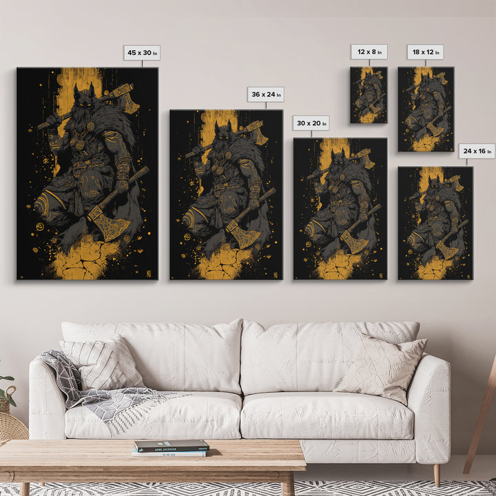 Odin’s Wolf Warrior Canvas Gold Art Canvas Art | Nordic Viking God Wall Decor for Man Cave or Office | Set in Solid Wood Frame