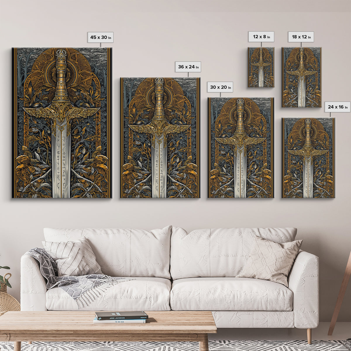 Nordic Forest Sword Canvas Gold Art Canvas Art | Viking Mythology Decor Pagan Warrior Weapon Wall Art | Mounted with Wood Frame