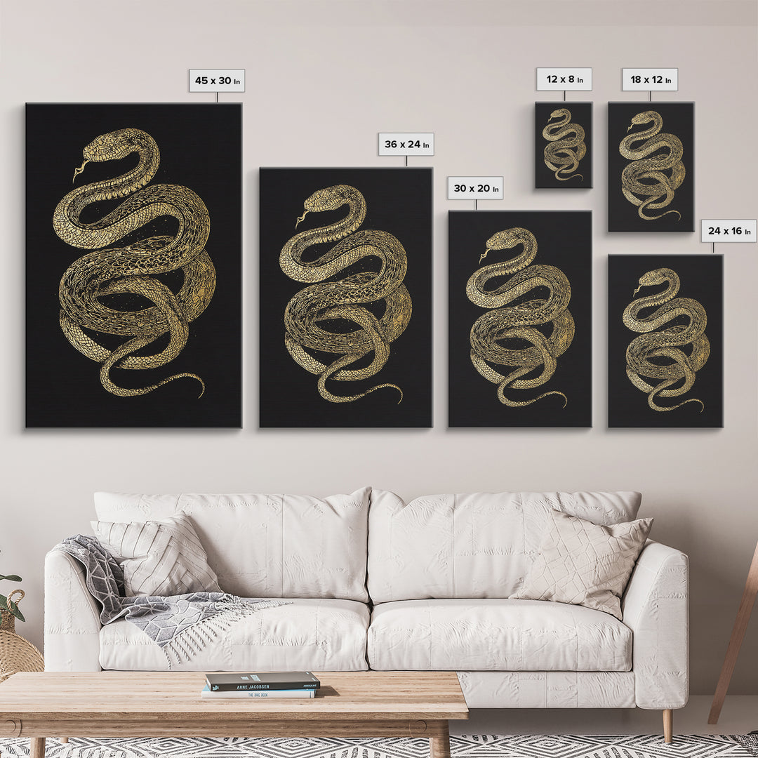 Jormungandr Serpent Canvas Gold Art Canvas Art | Viking Snake Norse Mythology Wall Art for Office or Man Cave | Framed in Wood
