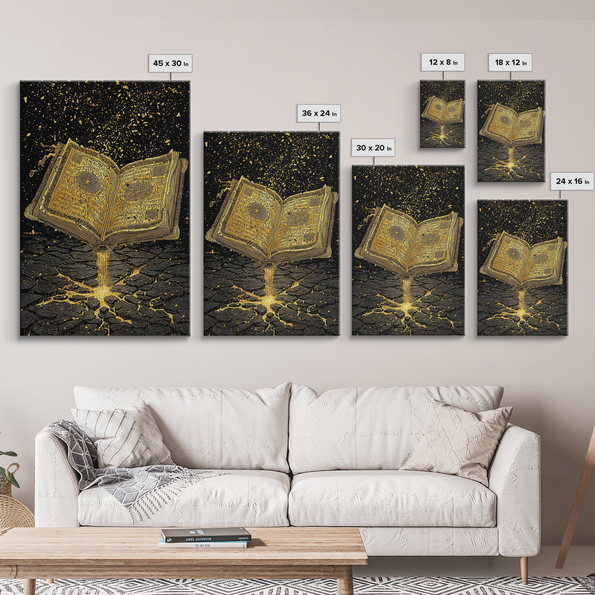 Nordic Spellbook Canvas Gold Art Canvas Art | Viking Runes Mythology Wall Decor for Man Cave or Office | Framed with Wood