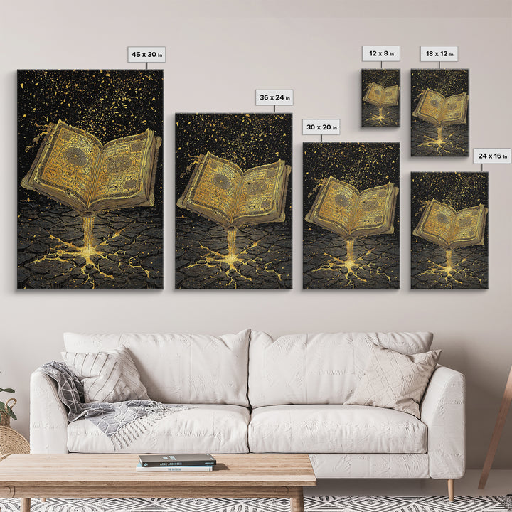 Nordic Spellbook Canvas Gold Art Canvas Art | Viking Runes Mythology Wall Decor for Man Cave or Office | Framed with Wood