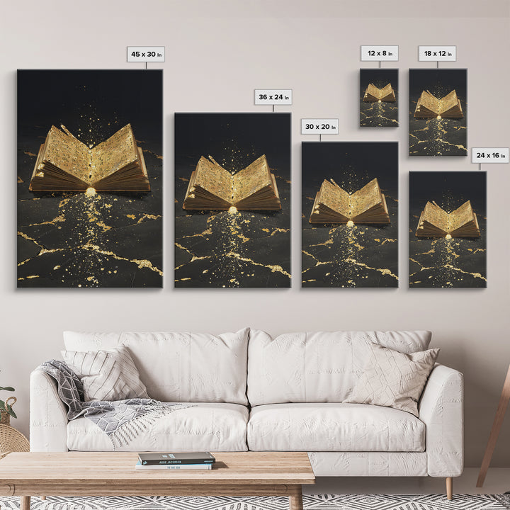 Ancient Rune Book Canvas Gold Art Canvas Art | Norse Mythology Viking Decor for Office Art or Man Cave | Natural Wood Framing