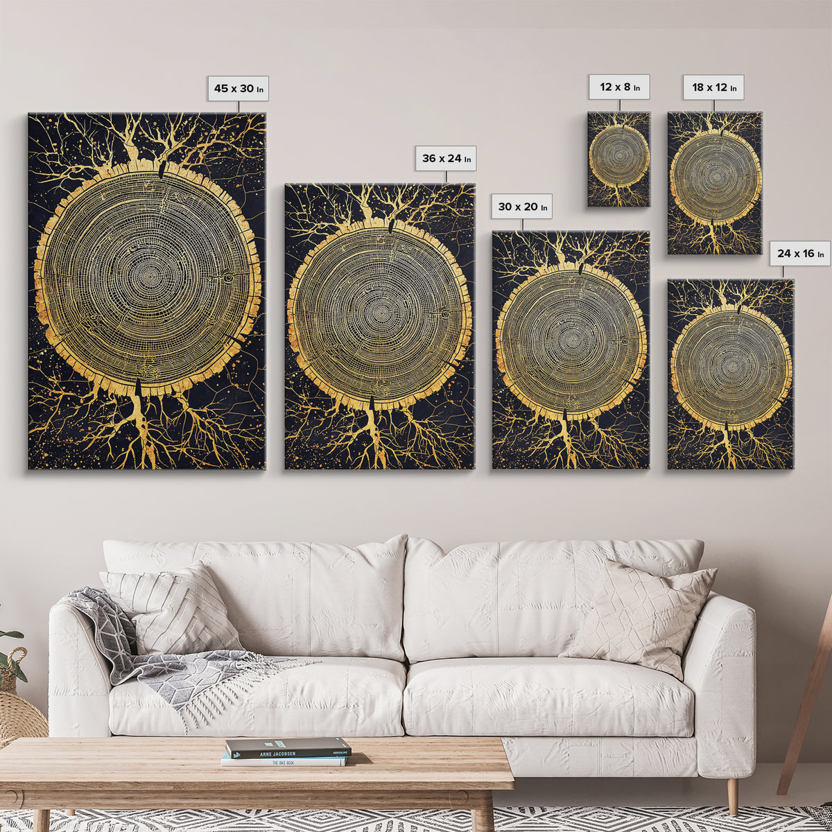 Canvas Gold Art of Yggdrasil Inspired Tree Rings, Norse Mythology Canvas Art for Dad Gift or Study, handcrafted real wood frame