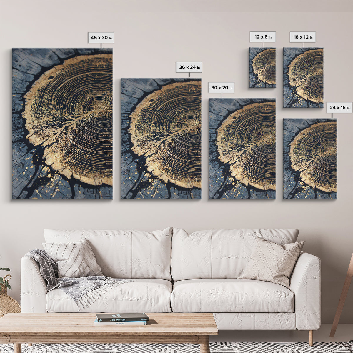 Odin’s Yggdrasil Tree Ring Canvas Gold Art, Nordic Mythology Canvas Art for Man Cave or Office, framed in natural real wood