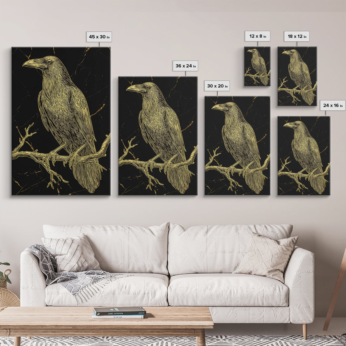 Raven Canvas Gold Art Wall Decor, Huginn and Muninn Inspired Norse Mythology Canvas Art for Office or Man Cave, in real wood frame