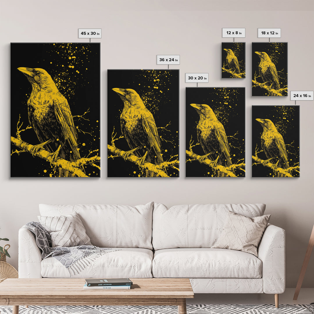 Nordic Mythology Raven Canvas Gold Art, Odin’s Huginn Raven Canvas Art for Dad Gift, Office or Study, framed with natural wood