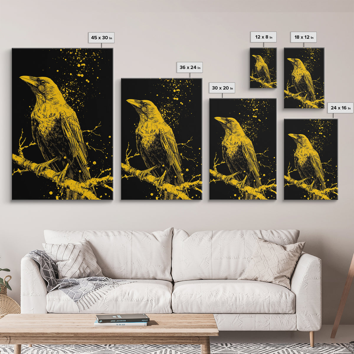 Nordic Mythology Raven Canvas Gold Art, Odin’s Huginn Raven Canvas Art for Dad Gift, Office or Study, framed with natural wood