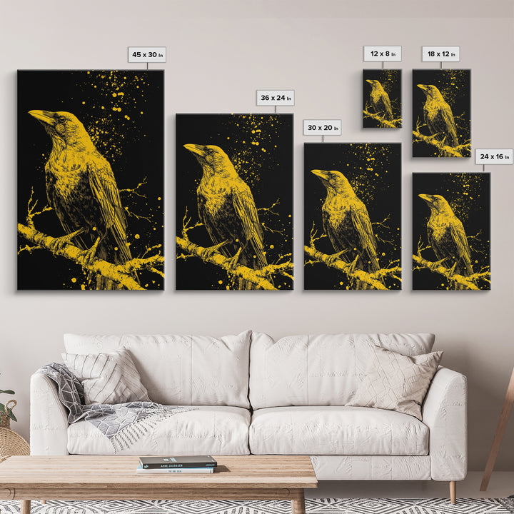 Nordic Mythology Raven Canvas Gold Art, Odin’s Huginn Raven Canvas Art for Dad Gift, Office or Study, framed with natural wood