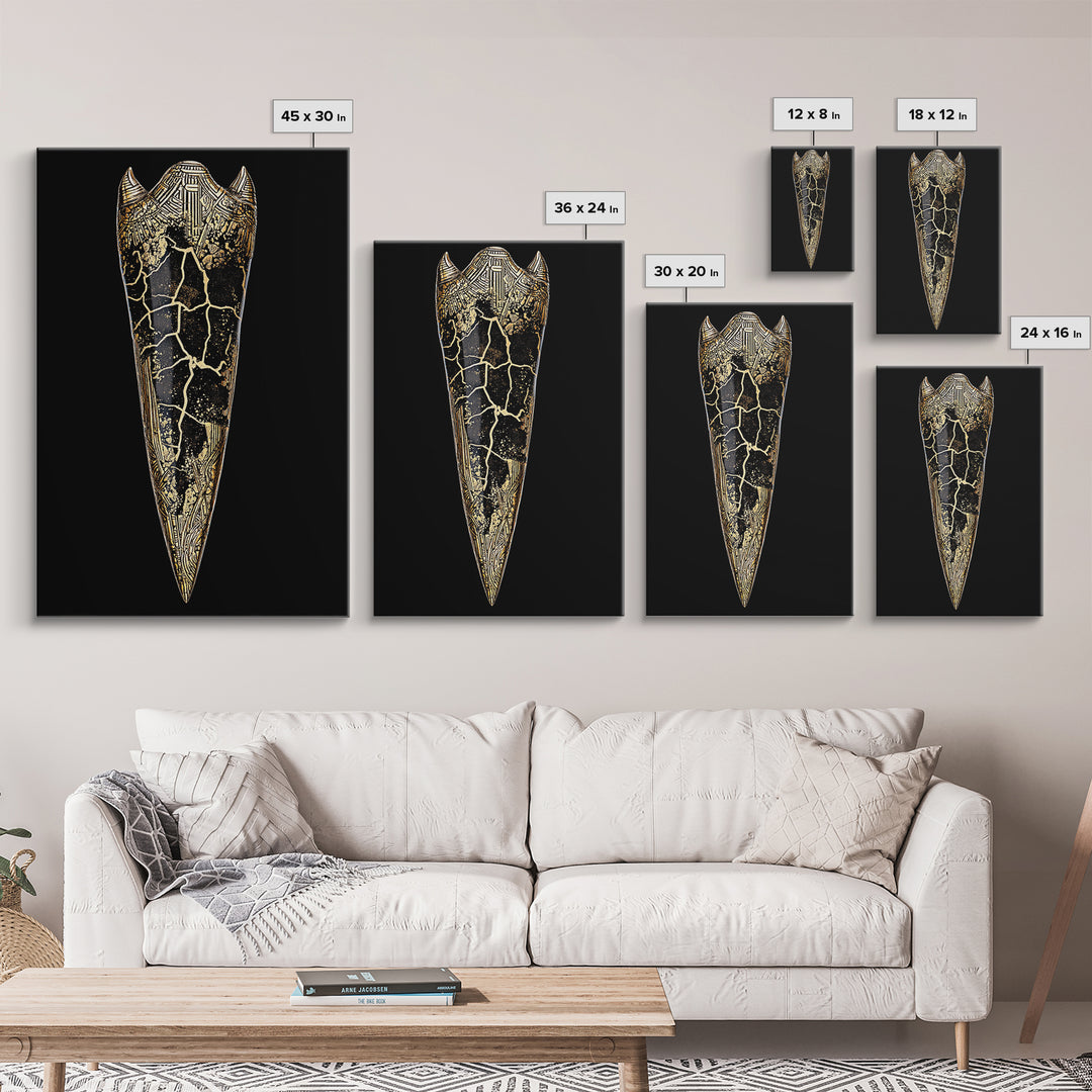 Viking Armor Relic Canvas Gold Art, Nordic Mythology Inspired Canvas Art Wall Decor for Office or Man Cave, with real wood frame