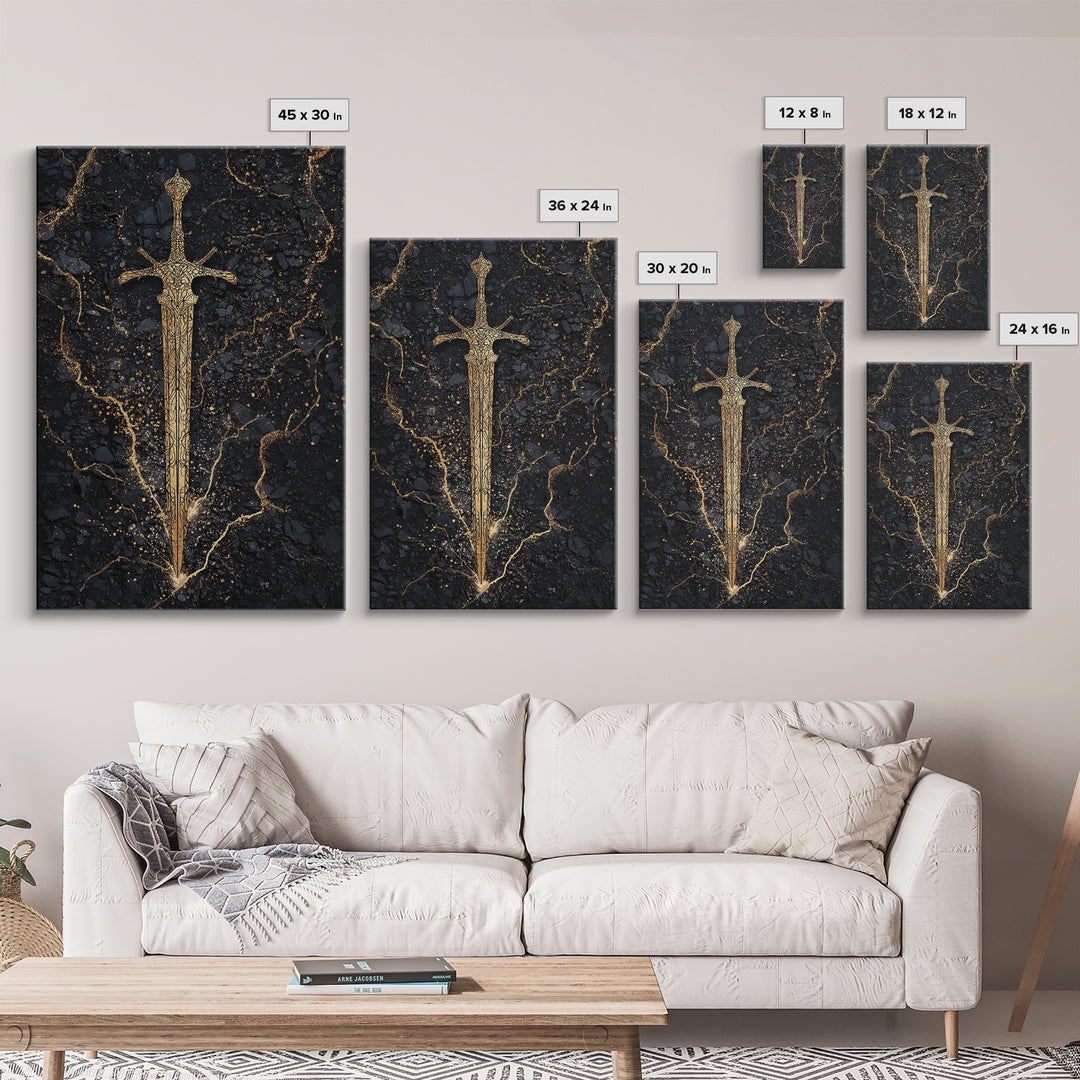 Nordic Sword of Legends Canvas Gold Art, Norse Mythology Inspired Canvas Art for Man Cave or Office, with real wood frame