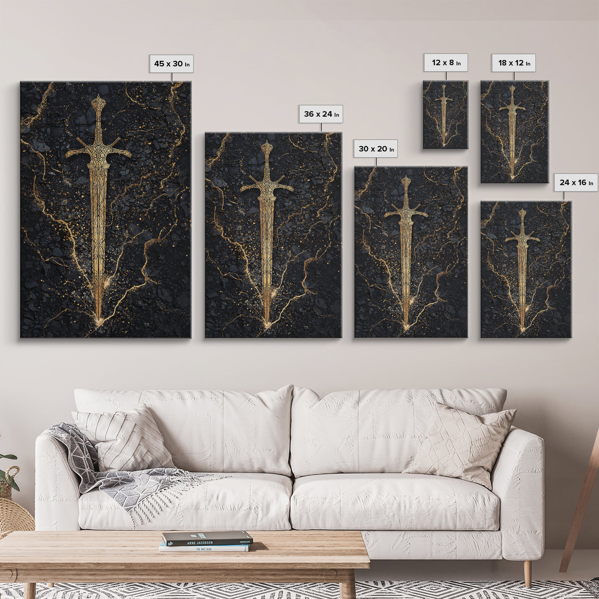 Nordic Sword of Legends Canvas Gold Art, Norse Mythology Inspired Canvas Art for Man Cave or Office, with real wood frame