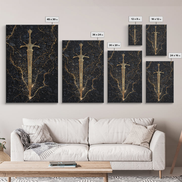 Nordic Sword of Legends Canvas Gold Art, Norse Mythology Inspired Canvas Art for Man Cave or Office, with real wood frame