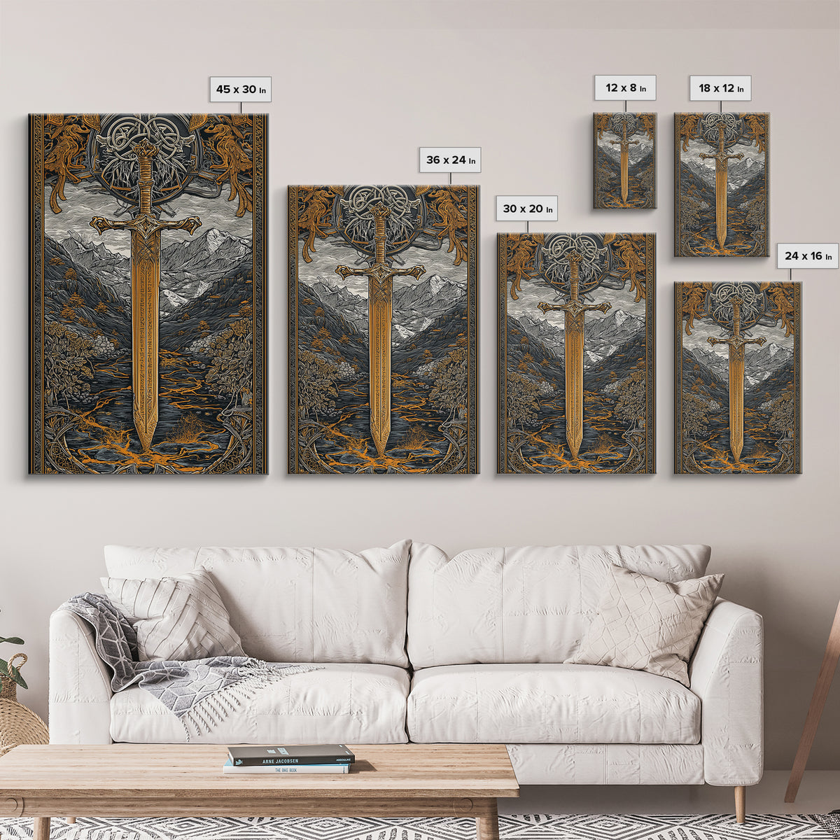 Norse Saga Sword Canvas Gold Art, Viking Inspired Canvas Art for Man Cave or Office, Nordic Mythology Wall Decor in real wood frame