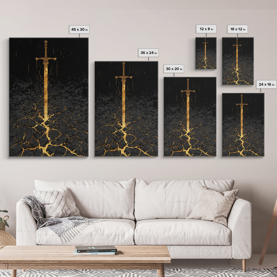 Norse Warrior Sword Canvas Gold Art Canvas Art | Viking Mythology Weapon Wall Decor Dad Gift | Office Art with Natural Wood Frame