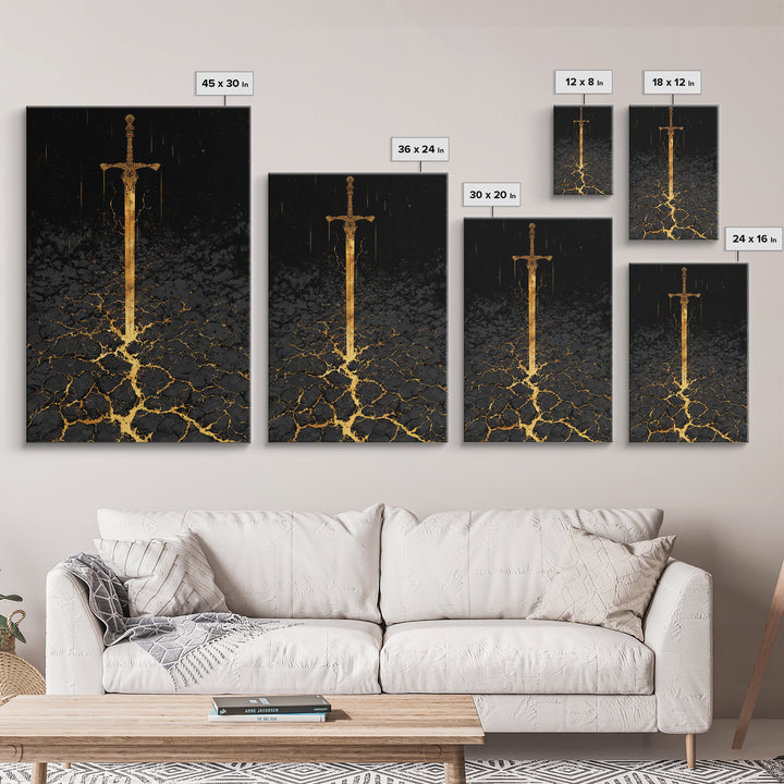 Norse Warrior Sword Canvas Gold Art Canvas Art | Viking Mythology Weapon Wall Decor Dad Gift | Office Art with Natural Wood Frame