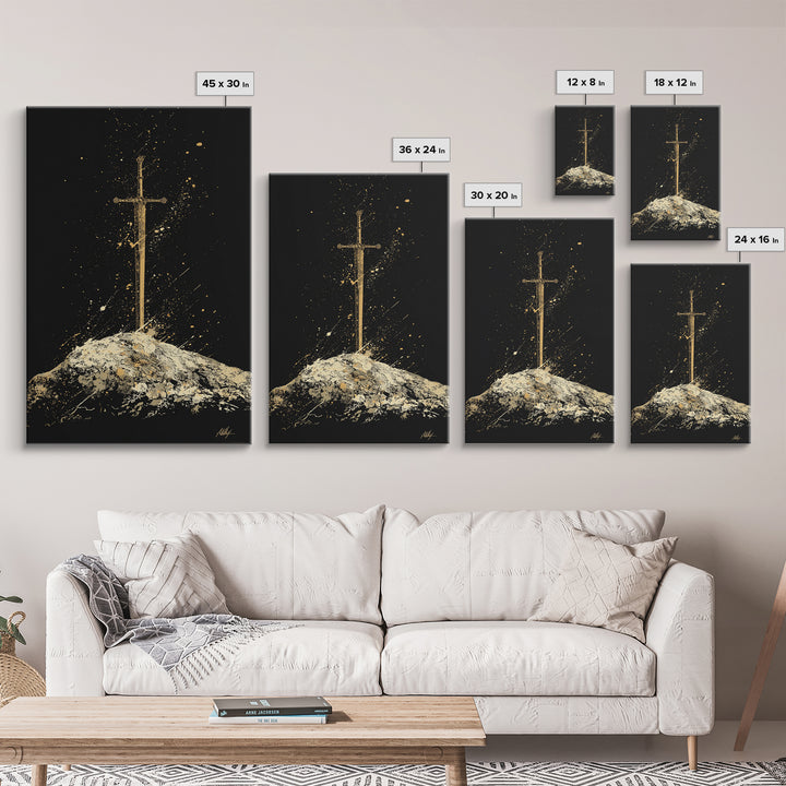Sword in Stone Canvas Gold Art Canvas Art | Nordic Mythology Viking Weapon Wall Decor Office Art | Framed in Authentic Real Wood