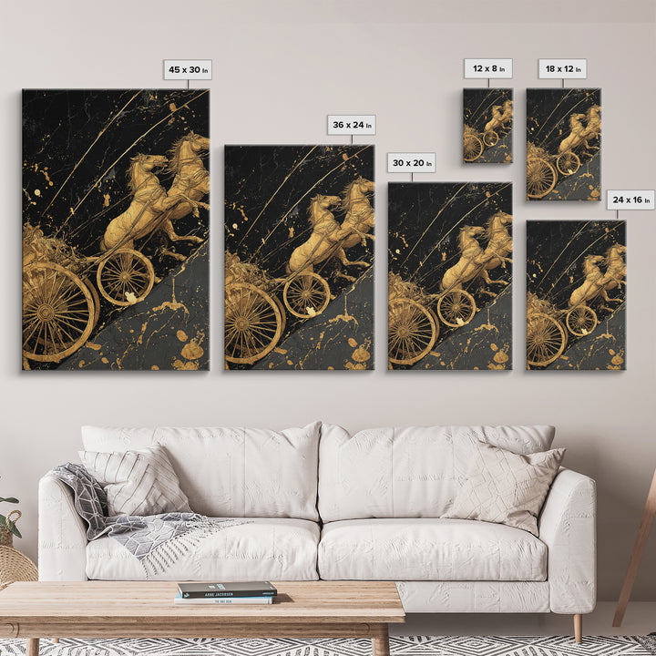 Norse Chariot Canvas Gold Art Canvas Art | Viking Mythology Horse Chariot Wall Decor for Office or Man Cave | Framed in Natural Wood