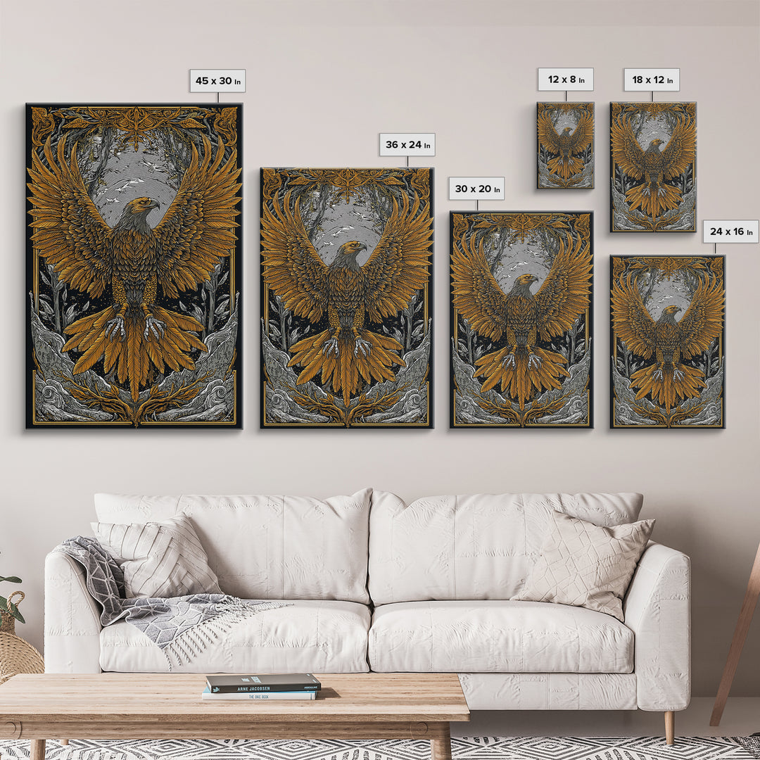 Nordic Eagle Canvas Gold Art Canvas Art Wall Decor for Office or Man Cave, Viking Inspired Artwork in Natural Wood Frame