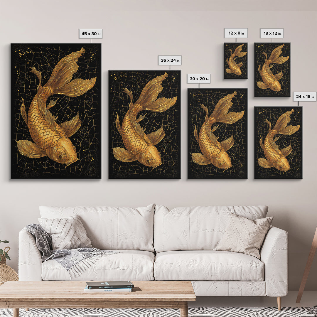 Nordic Mythology Canvas Gold Art Canvas Art Koi Fish Wall Decor, Viking Inspired Gift for Men, Framed in Real Wood
