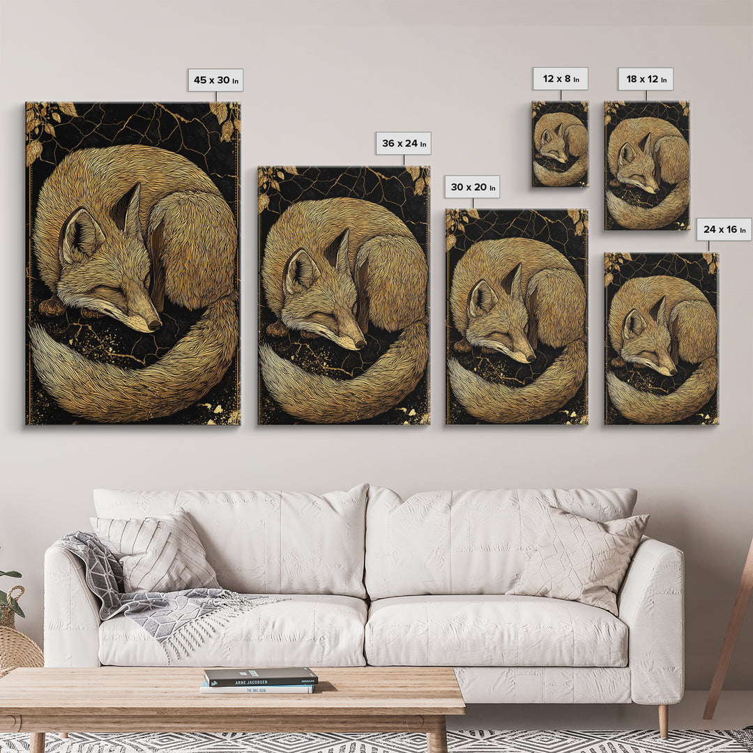 Nordic Sleeping Fox Canvas Gold Art Canvas Art Decor, Viking Myth Inspired Animal Wall Hanging with Natural Wood Frame