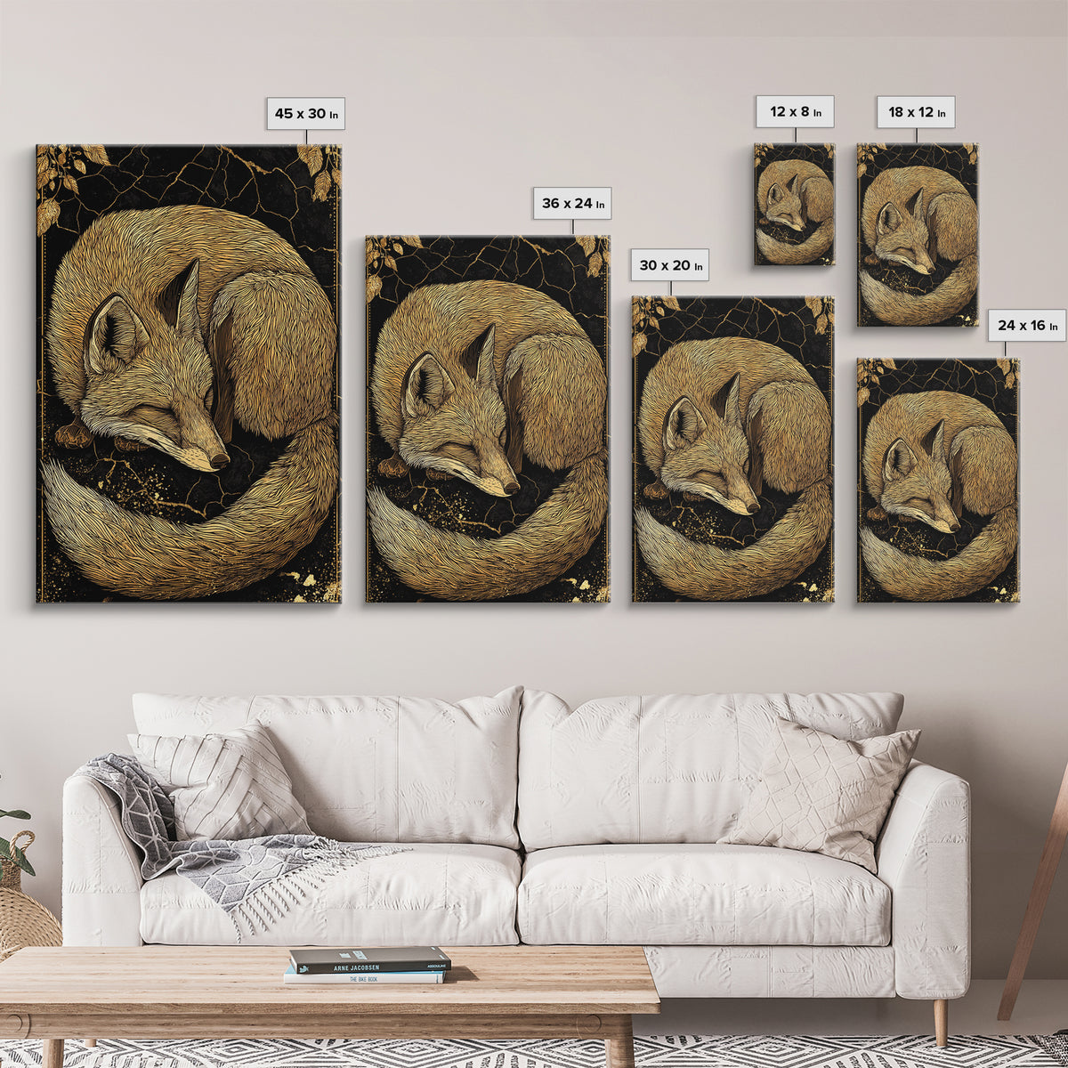 Nordic Sleeping Fox Canvas Gold Art Canvas Art Decor, Viking Myth Inspired Animal Wall Hanging with Natural Wood Frame
