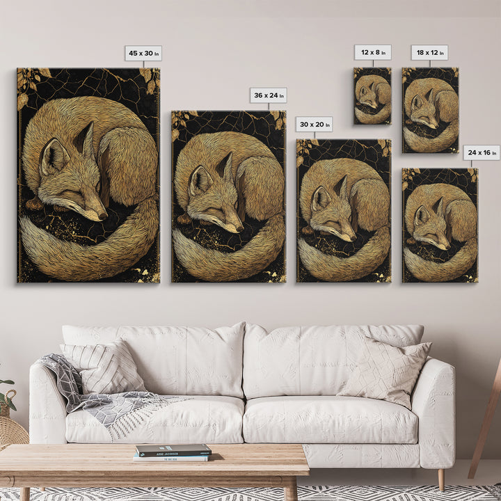 Nordic Sleeping Fox Canvas Gold Art Canvas Art Decor, Viking Myth Inspired Animal Wall Hanging with Natural Wood Frame