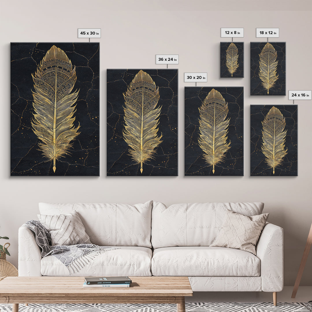 Canvas Gold Art Nordic Feather Canvas Art Wall Decor, Viking Myth Symbol Artwork for Men’s Office or Dad Gift, Real Wood Frame