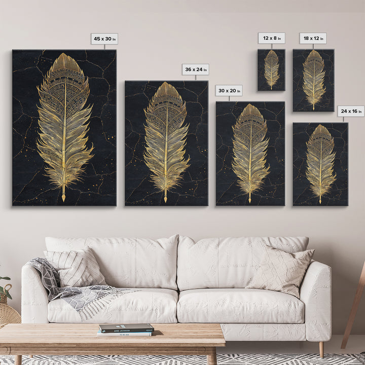 Canvas Gold Art Nordic Feather Canvas Art Wall Decor, Viking Myth Symbol Artwork for Men’s Office or Dad Gift, Real Wood Frame