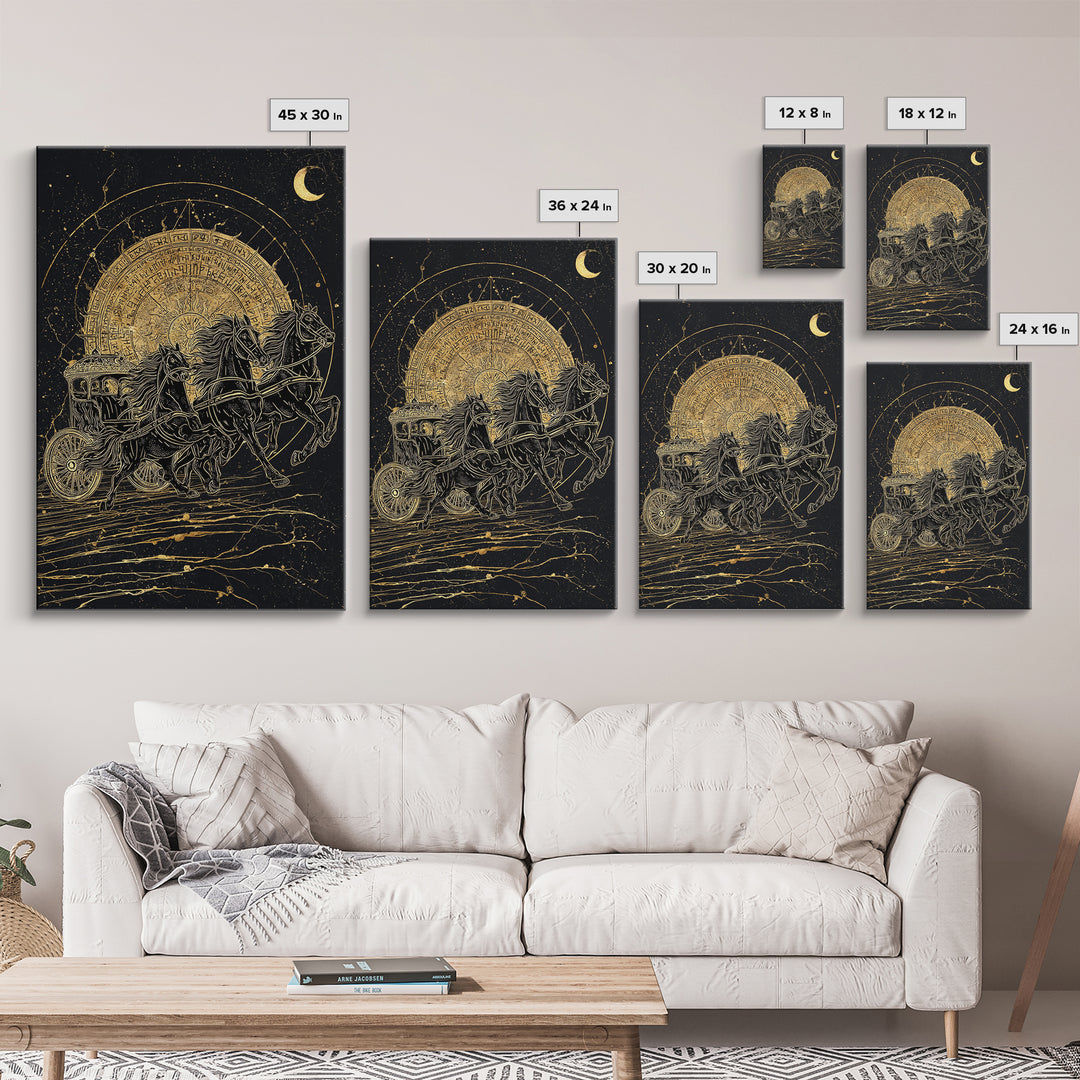Norse Sun Chariot Canvas Gold Art, Nordic Mythology Horses Canvas Art for Dad Gift or Office Decor, with Real Wood Frame