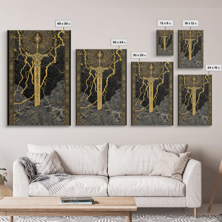 Thor’s Sword Canvas Gold Art, Viking Weapon Nordic Mythology Canvas Art for Man Cave or Office Wall, Real Wood Frame Included