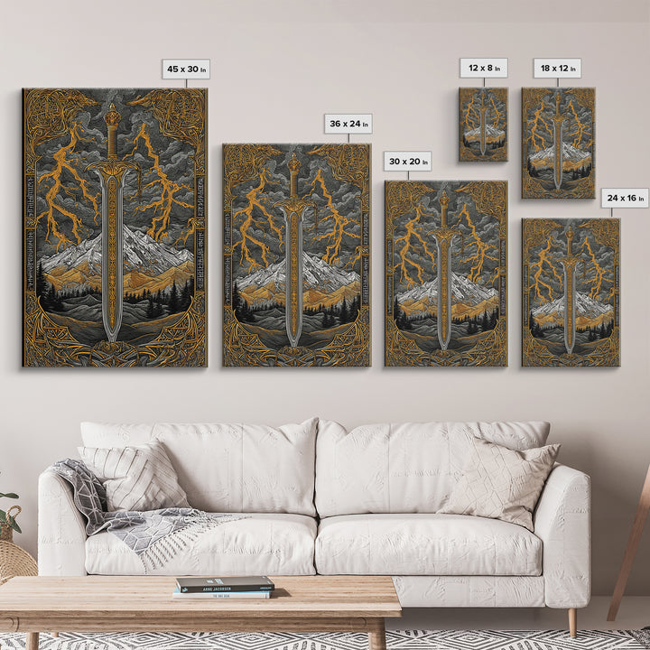 Odin’s Blade Canvas Gold Art, Lightning and Mountain Viking Sword Nordic Canvas Art, Office or Man Cave Decor, Wood Framed