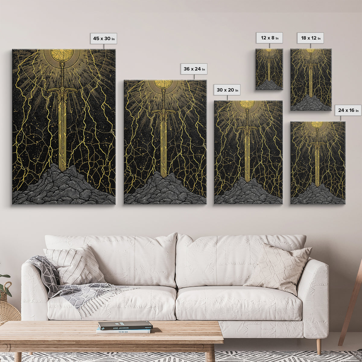 Viking Sword Canvas Gold Art, Norse Mythology Weapon Canvas Art with Lightning, Office Wall or Dad Gift, Framed in Wood