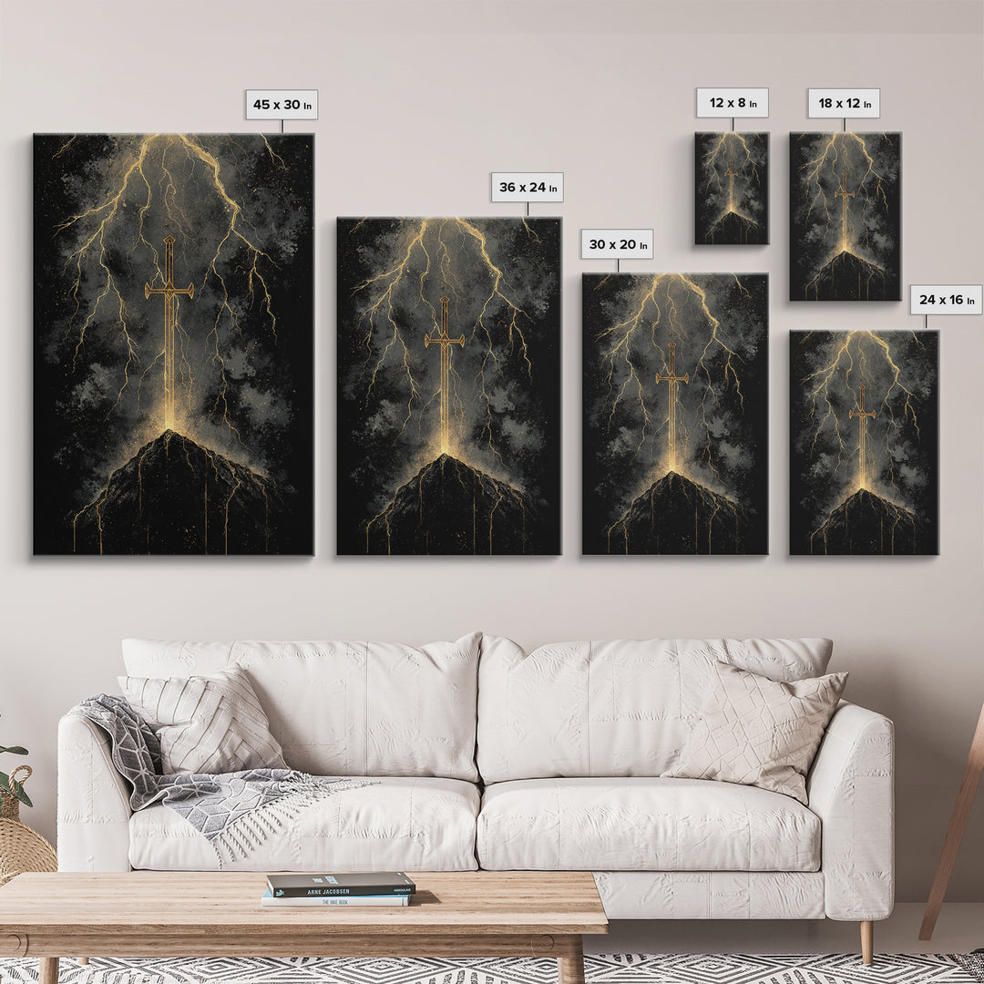 Storm Forged Sword Canvas Gold Art, Nordic Mythology Canvas Art with Lightning Strikes, Man Cave Office Decor, Real Wood Frame
