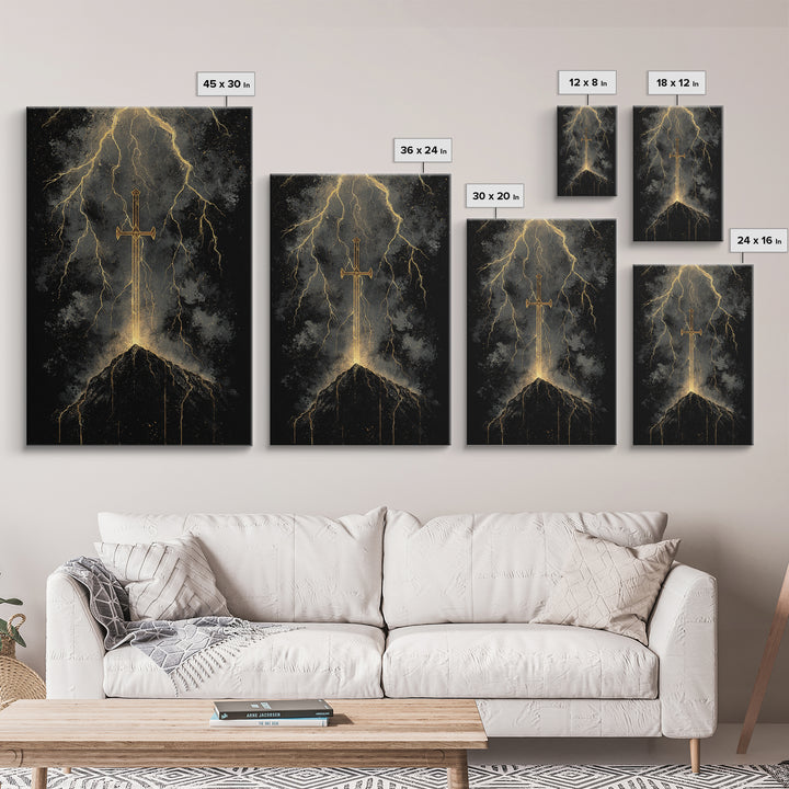 Storm Forged Sword Canvas Gold Art, Nordic Mythology Canvas Art with Lightning Strikes, Man Cave Office Decor, Real Wood Frame