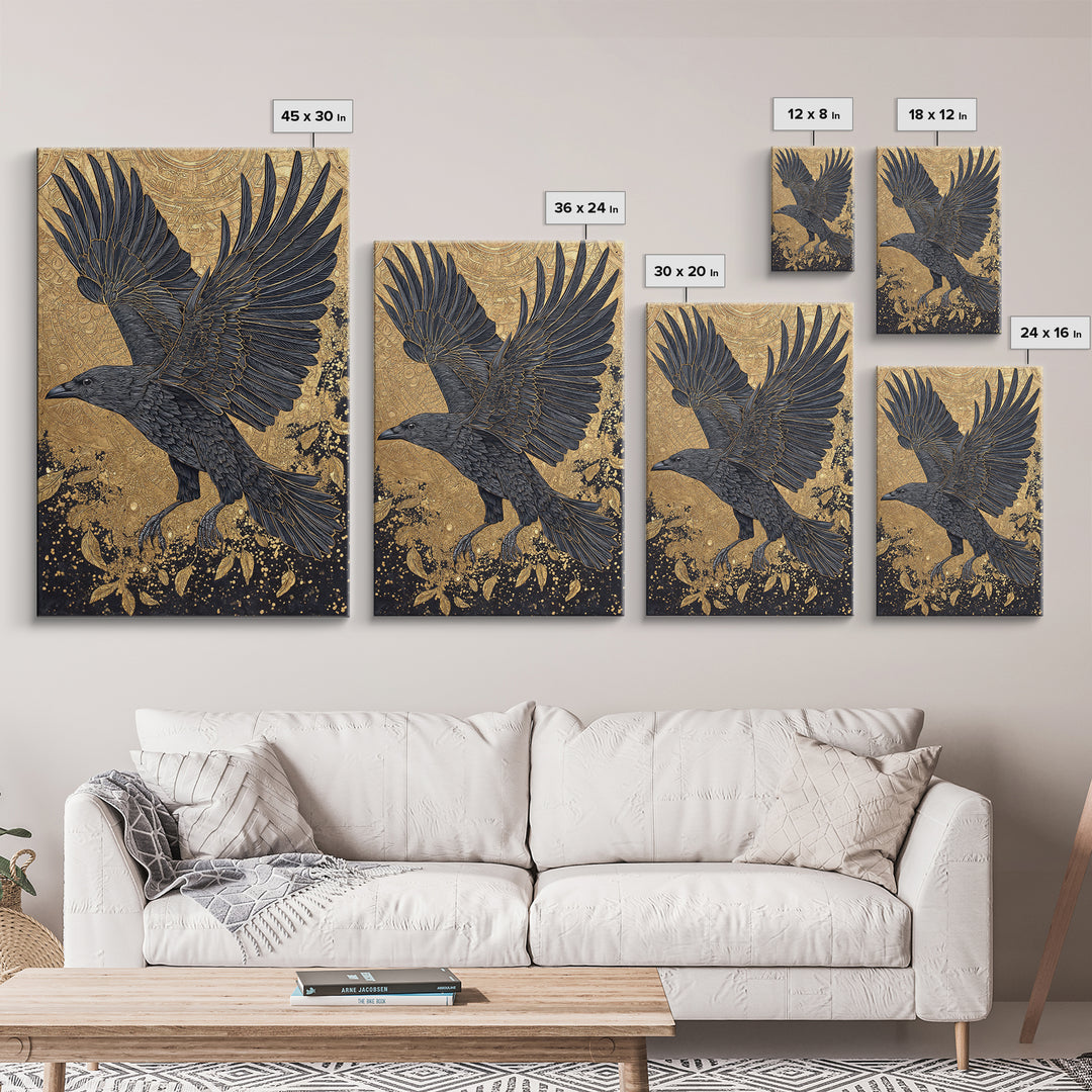 Raven of Odin Canvas Gold Art Canvas Art | Norse Mythology Wall Decor | Viking Symbol Office Art Dad Gift | Natural Wood Frame