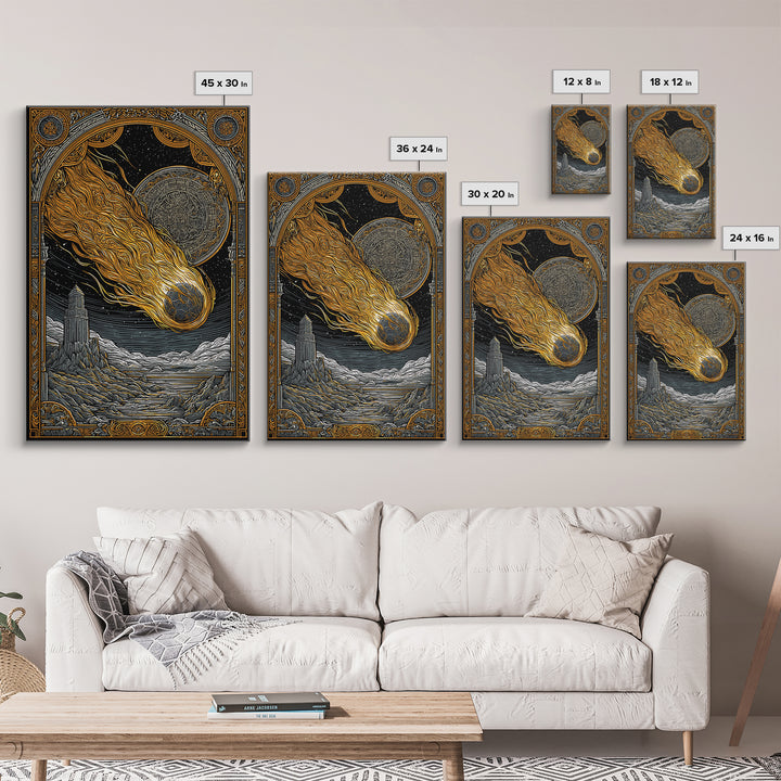 Falling Star Canvas Gold Art, Nordic Canvas Art of Ragnarok Myth, Viking Astronomy Wall Decor framed in natural wood for men