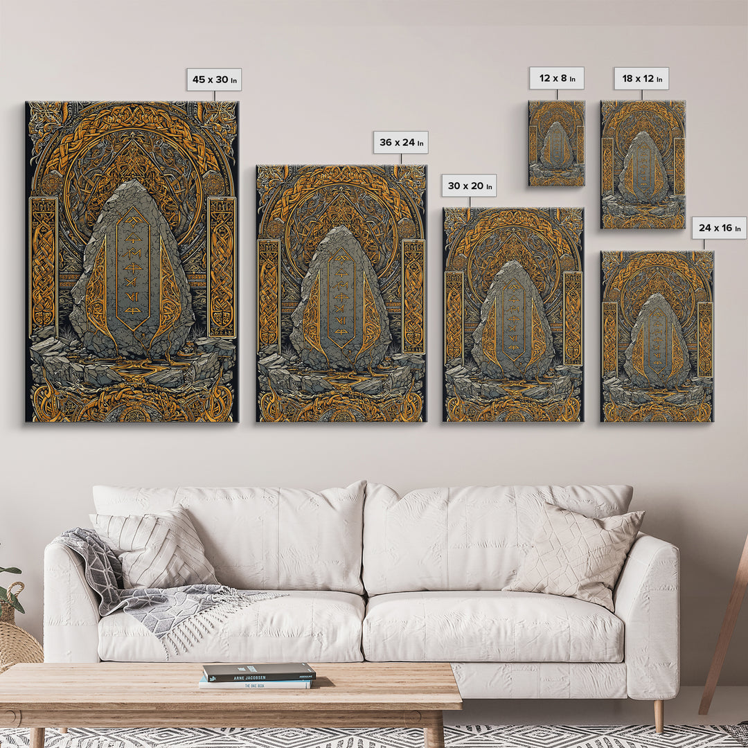Obelisk Canvas Gold Art, Viking Canvas Art Wall Decor with Norse Runes, Nordic Myth Inspired Office Decor in real wood frame