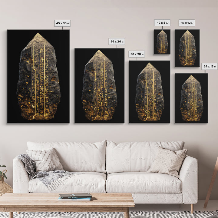 Runestone Canvas Gold Art, Nordic Canvas Art with Ancient Viking Runes, Norse Mythology Wall Decor framed in natural wood