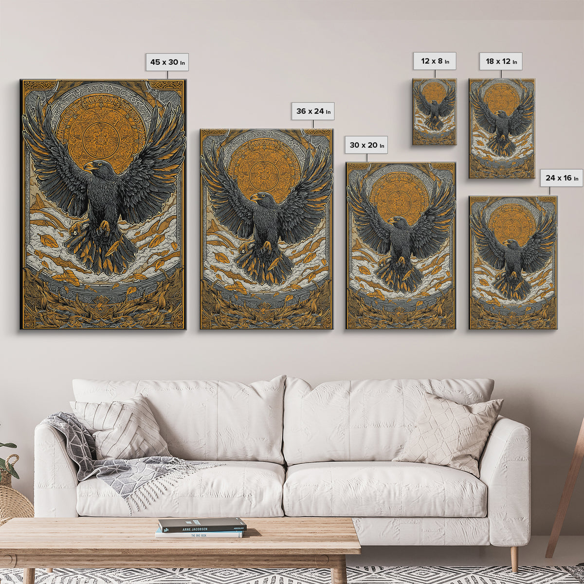 Nordic Eagle Guardian Canvas Gold Art Canvas Art | Viking Wall Decor Norse Mythology Art for Men | Mounted in Real Wood Frame