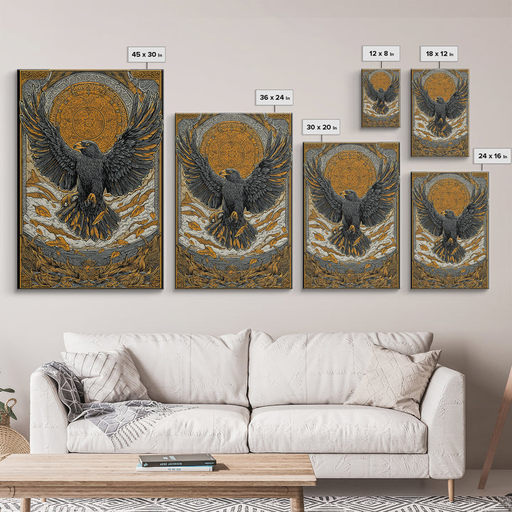 Nordic Eagle Guardian Canvas Gold Art Canvas Art | Viking Wall Decor Norse Mythology Art for Men | Mounted in Real Wood Frame