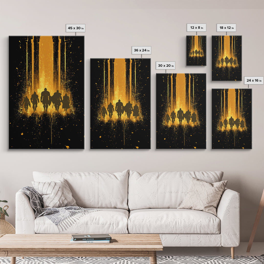 Norse Warriors Canvas Gold Art, Viking Canvas Art Wall Decor with Epic Battle Silhouettes, Man Cave Gift framed in real wood