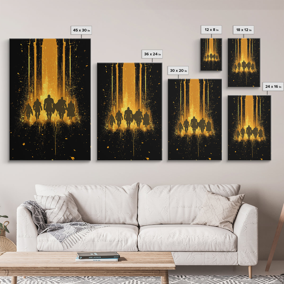 Norse Warriors Canvas Gold Art, Viking Canvas Art Wall Decor with Epic Battle Silhouettes, Man Cave Gift framed in real wood