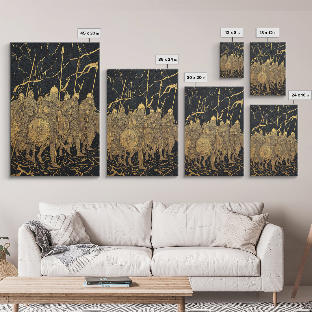 Viking Army March Canvas Gold Art Canvas Art | Norse Warrior Battle Scene Wall Decor for Man Cave or Office | Framed in Real Wood