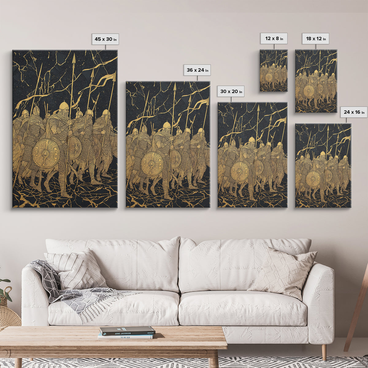 Viking Army March Canvas Gold Art Canvas Art | Norse Warrior Battle Scene Wall Decor for Man Cave or Office | Framed in Real Wood