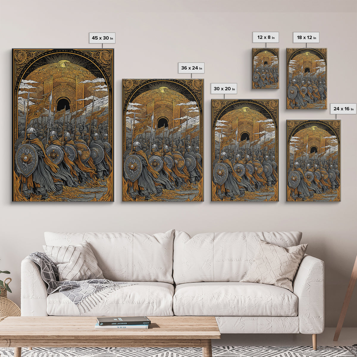 Asgardian Army Canvas Gold Art Canvas Art | Norse Mythology Wall Decor with Viking Soldiers | Office or Dad Gift in Wood Frame