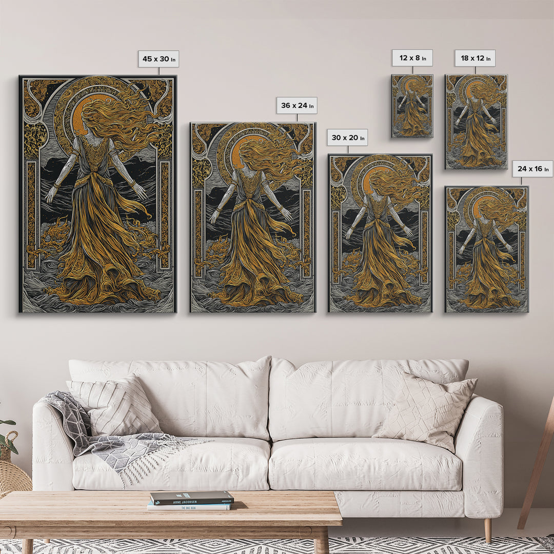 Goddess Freyja Canvas Gold Art Canvas Art | Norse Mythology Divine Feminine Wall Decor | Man Cave or Office Art in Wood Frame